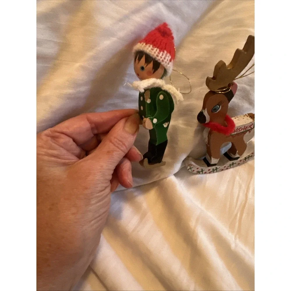 Vintage Kurt Adler Santa's Reindeer Dasher & SkierChristmas Ornament Wooden 1977